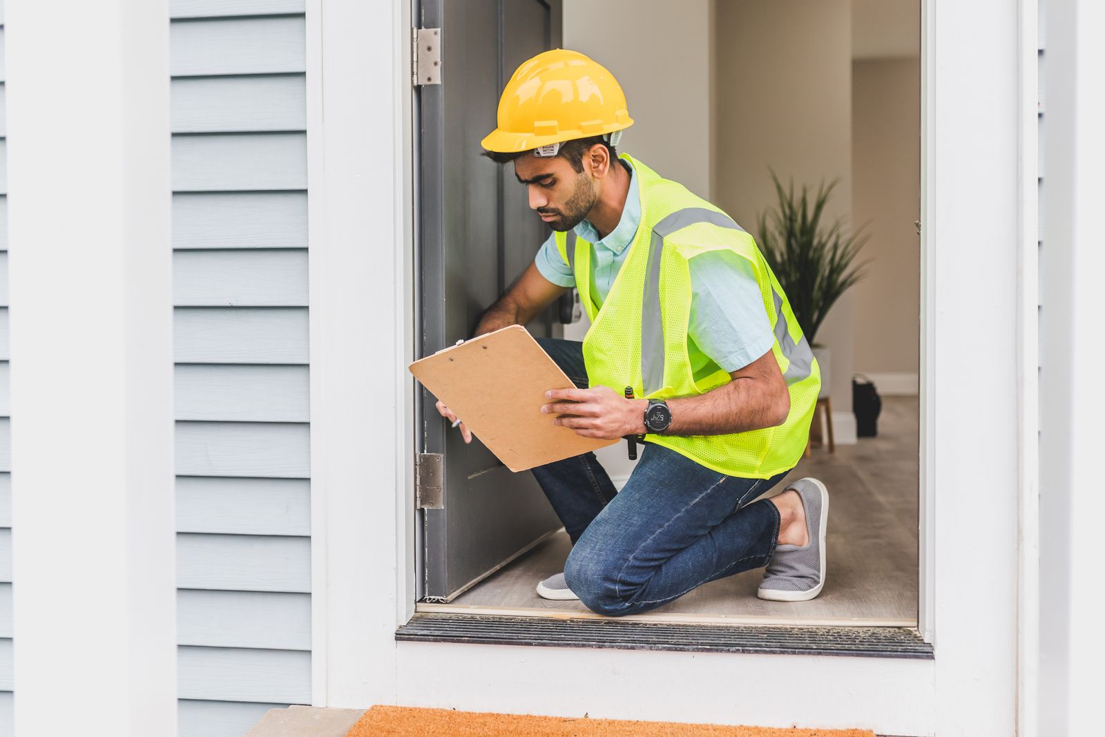 %titre de l'article% Professionnel inspectant une maison : diagnostic d’étanchéité et de performance